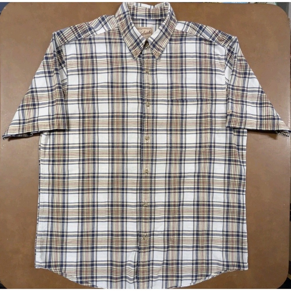 Men's Large shirt Woolrich 100% Cotton Button Down Short Sleeve Plaid Blue Red